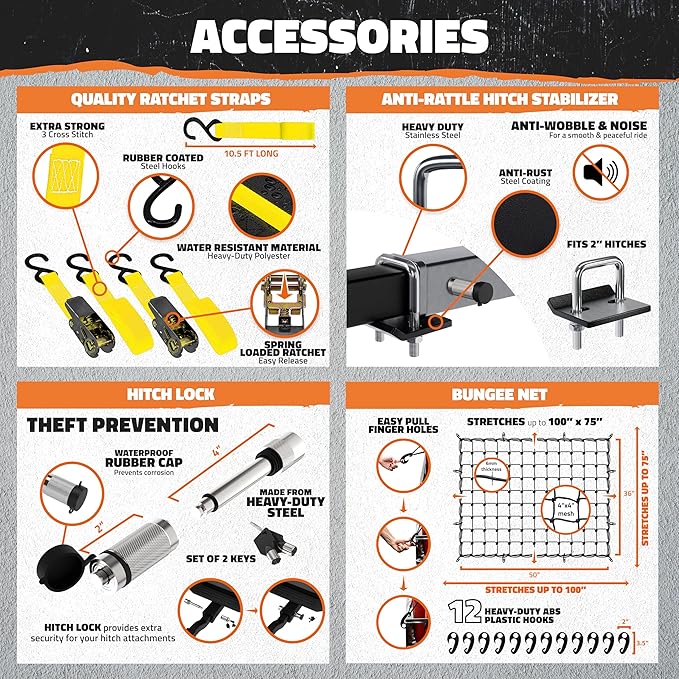 Mockins 60"x24"x14" High Rail Folding Car Trailer Hitch Cargo Carrier w/Rear Lights, Plate Bracket & 30 CuFt Waterproof Cargo Bag for Hitch Carrier | 500Lbs Capacity Luggage Rack for SUV Car Truck RV