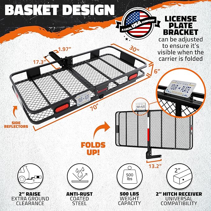 Mockins XXL 70"x30"x6" Folding Trailer Hitch Cargo Carrier w/Rear Lights, License Plate Bracket & 40 Cu Ft Waterproof Cargo Bag for Hitch Carrier | 500 Lbs Cap Car Trailer Basket Set w/Accessories