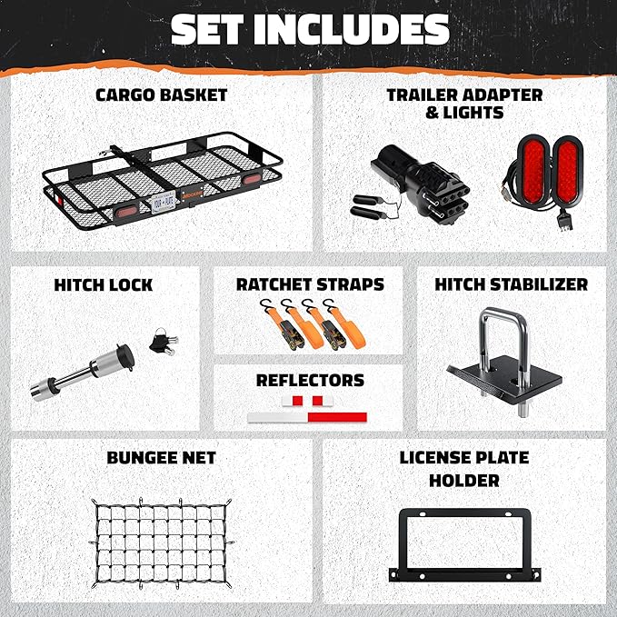 Mockins 60"x20"x6" Heavy Duty Trailer Hitch Cargo Carrier w/License Plate Holder, Rear Lights, & More | 500 Lbs Cap Cargo Carrier Hitch Mount Basket | Folding Luggage Rack for SUV, Car, Truck, & RV
