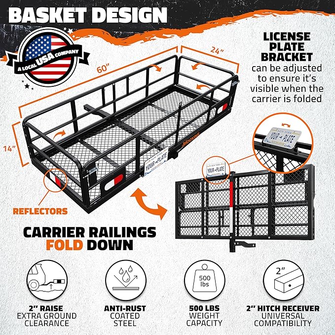 Mockins 60"x24"x14" High Rail Trailer Hitch Cargo Carrier w/License Plate Holder & 30 Cu.Ft. Waterproof Cargo Bag | All-Weather 500 Lbs. Cap Foldable Luggage Rack for SUV Truck & Car Carrier Storage