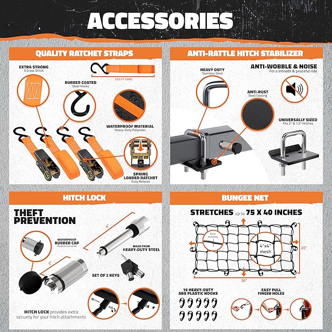 Mockins 60"x20"x6" Heavy Duty Trailer Hitch Cargo Carrier w/License Plate Holder & 16 Cu.Ft. Waterproof Cargo Bag for Hitch Carrier | All-Weather 500 Lbs Cap Folding Luggage Rack for SUV Car & Truck