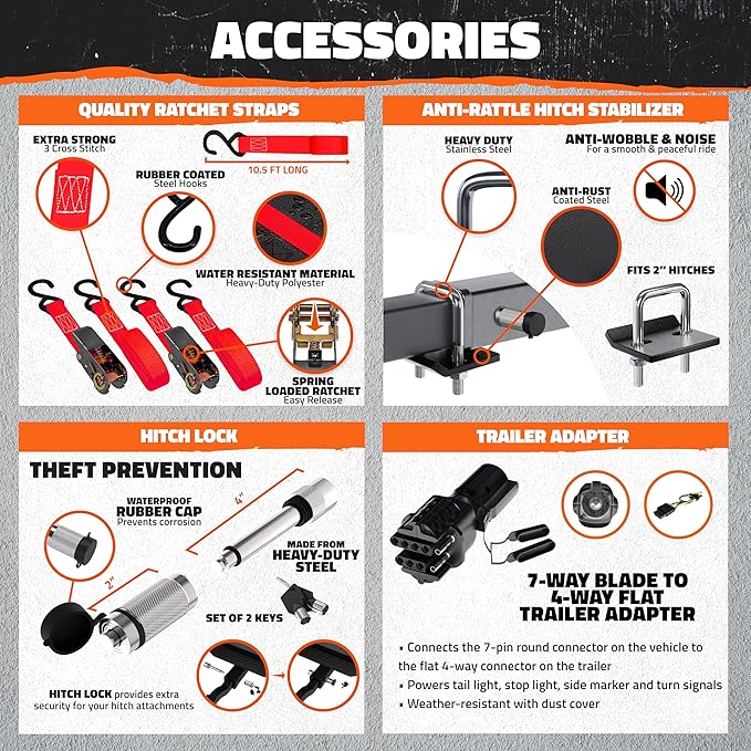 Mockins XXL 70"x30"x6" Folding Trailer Hitch Cargo Carrier w/Rear Lights, License Plate Bracket & 40 Cu Ft Waterproof Cargo Bag for Hitch Carrier | 500 Lbs Cap Car Trailer Basket Set w/Accessories