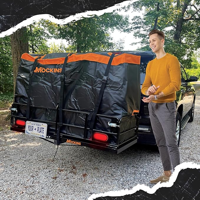 Mockins 30 Cu.Ft. Trailer Hitch Cargo Carrier Bag | 60"x24"x36" Waterproof Cargo Bag for Hitch Carrier & 6 Packing Cubes 29"x23"x12" | Weatherproof Vehicle Soft-Shell Carriers w/Buckle Straps & Lock