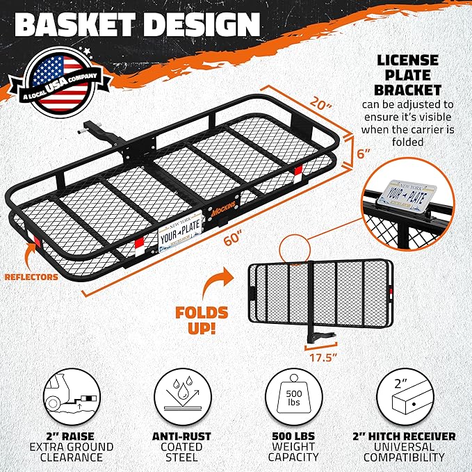Mockins 60"x20"x6" Heavy Duty Trailer Hitch Cargo Carrier w/License Plate Holder & 16 Cu.Ft. Waterproof Cargo Bag for Hitch Carrier | All-Weather 500 Lbs Cap Folding Luggage Rack for SUV Car & Truck