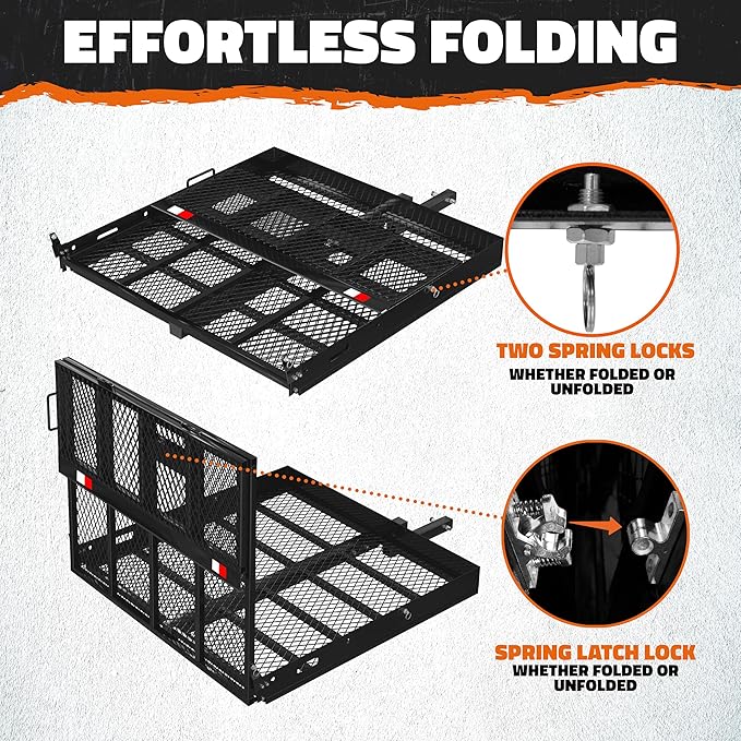 Mockins 40"x40"x4" Square Heavy Duty Trailer Hitch Cargo Carrier with Ramp | 500 Lbs. Cap Weatherproof Steel Scooter Rack for Car, SUV, Truck, Van, RV | Wheelchair Carrier for Car Hitch w/Accessories