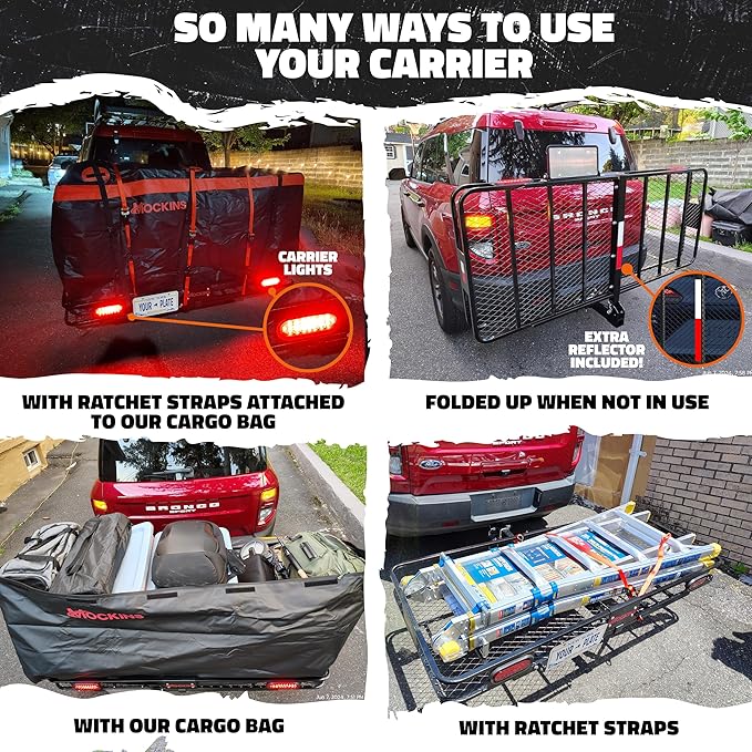 Mockins XXL 70"x30"x6" Folding Trailer Hitch Cargo Carrier w/Rear Lights, License Plate Bracket & 40 Cu Ft Waterproof Cargo Bag for Hitch Carrier | 500 Lbs Cap Car Trailer Basket Set w/Accessories