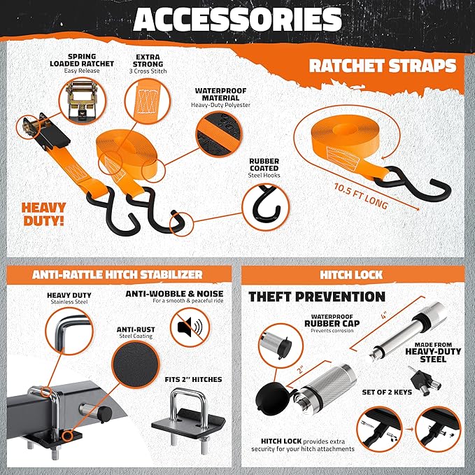 Mockins XXL 70"x30"x6" Folding Trailer Hitch Cargo Carrier | 500 Lbs. Cap Cargo Hitch Carrier Rack | Weatherproof Steel Luggage Rack for SUV, Car & Truck w/License Plate Holder, Stabilizer, & Straps