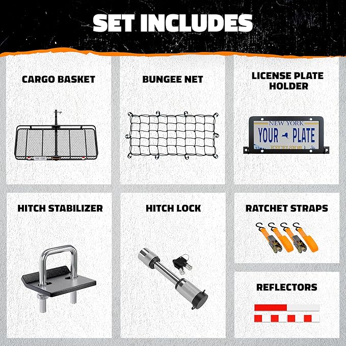 Mockins 60"x24"x6" XL Heavy Duty Trailer Hitch Cargo Carrier | 500 Lbs. Cap Luggage Rack for SUV Car Truck | Steel Hitch Rack Cargo Carrier Set w/License Plate Bracket, Straps, Stabilizer, Lock & Net