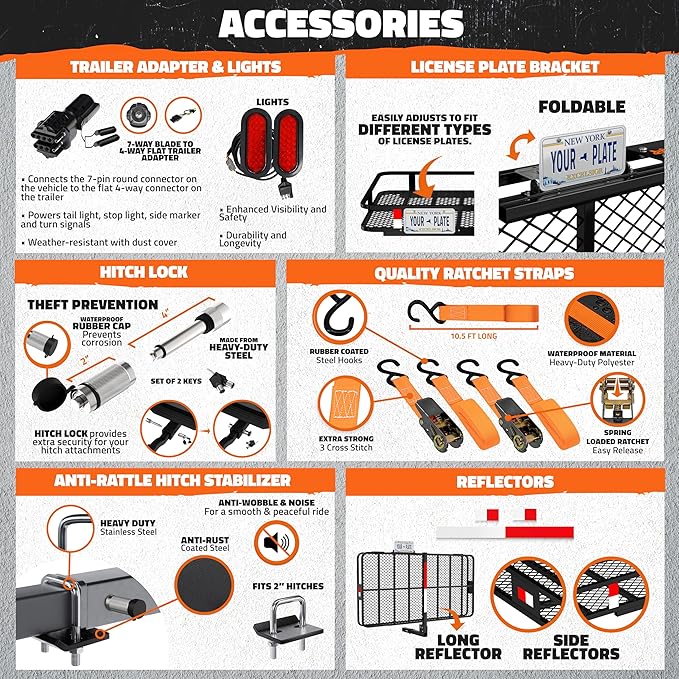 Mockins XXL 72"x36"x6" Folding Trailer Hitch Cargo Carrier w/Rear Lights & License Plate Bracket | Weatherproof Steel Luggage Rack for SUV Car & Truck | 500Lbs. Cap Cargo Hitch Carrier w/Accessories