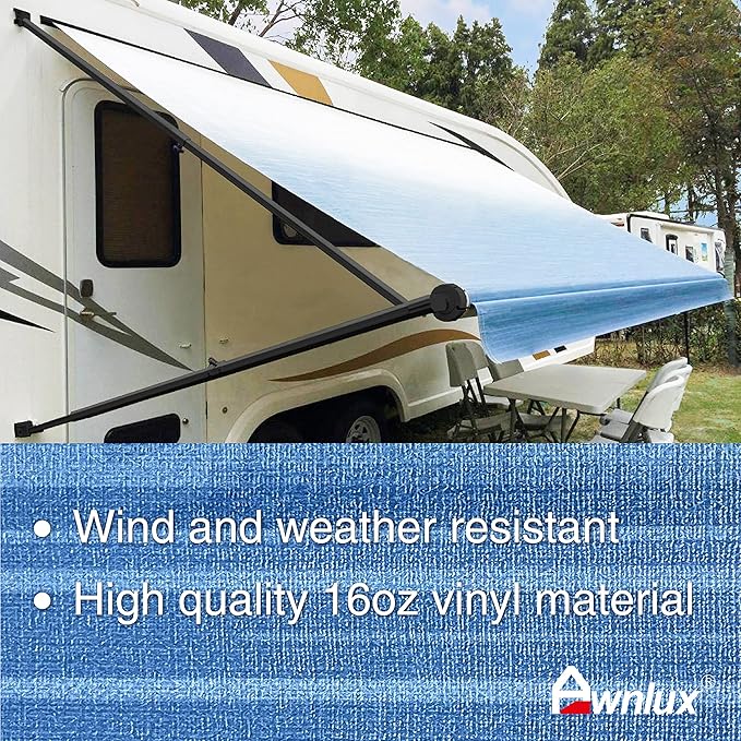 Awnlux Black Manual Modular Retractable RV Awning Full Set Assemblies for RV, 5th Wheel, Travel Trailers, Toy Haulers, and Motorhome - RV Trailer Awning for Home or Camper - 13x8 Ft - Blue Strip