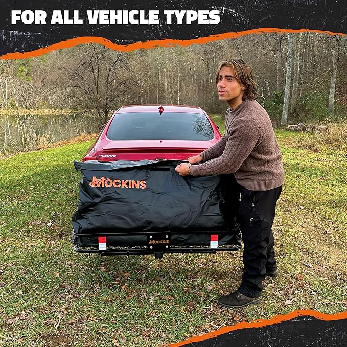 Mockins 6" Raised Shank Folding Luggage Rack 48"x20"x6" & 15 Cu Ft Waterproof Cargo Bag | Heavy-Duty 500 Lbs. Capacity Trailer Hitch Cargo Carrier for SUV Car Truck ATV & More w/Accessories