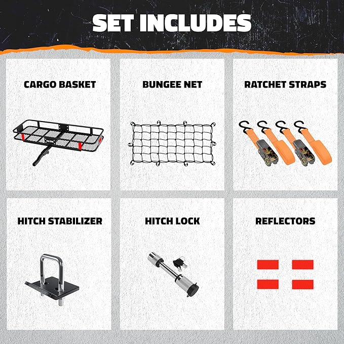 Mockins 60"x20"x6" Trailer Hitch Cargo Carrier | 500 lbs. Capacity 2" Receiver Hitch Rack Luggage Carrier & Cargo Trailer Accessories | Weatherproof Steel Folding Luggage Rack for Car, SUV & Truck