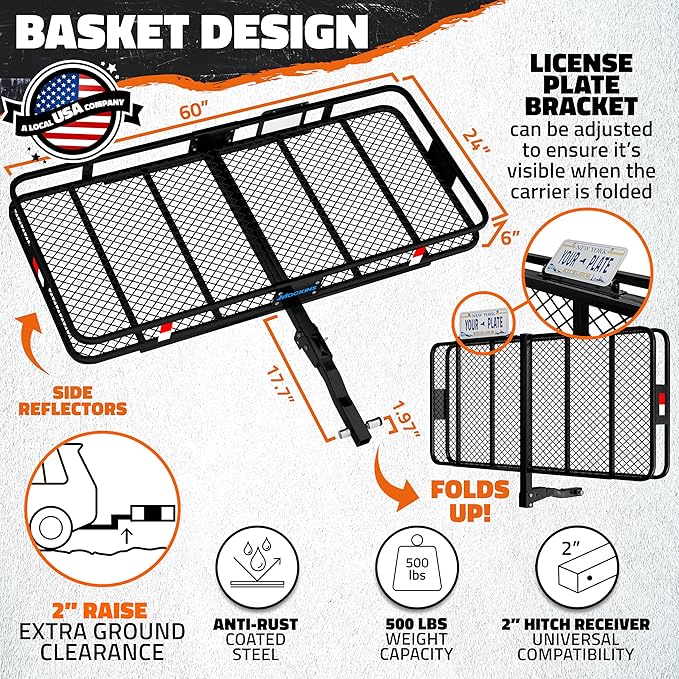 Mockins 60"x24"x6" Folding Trailer Hitch Cargo Carrier w/ 25 CuFt. Soft Vinyl Waterproof Cargo Bag for Hitch Carrier | 500 Lbs. Capacity Set w/License Plate Holder, Stabilizer, Locks, Straps, & Net