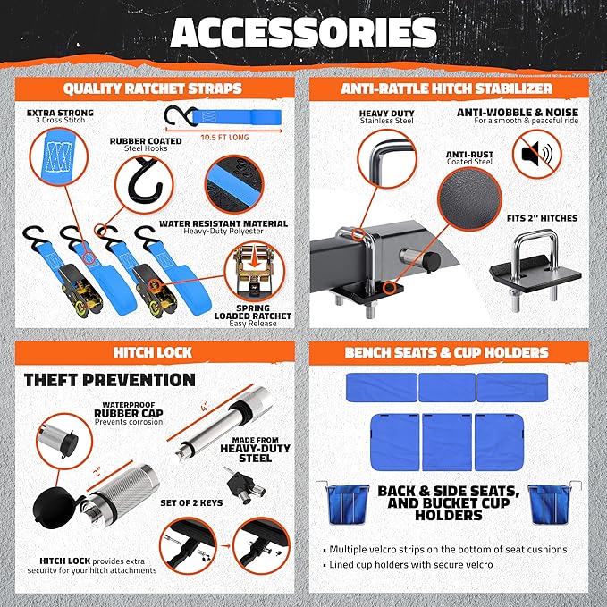 Mockins 2-in-1 Trailer Hitch Cargo Carrier Bench 48"x18"x6" w/ 15 CuFt Vehicle Soft Shell Carriers Bag | 500 Lbs. Capacity Folding Cargo Hitch Carrier Tailgate Seating Set w/Stabilizer, Straps & Lock